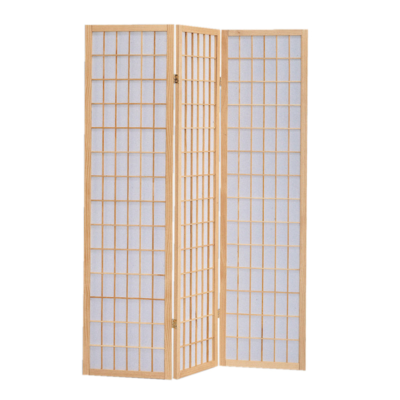 Wooden 3 Panel Room Divider with Shoji Paper Inserts, Brown and White-zoom-