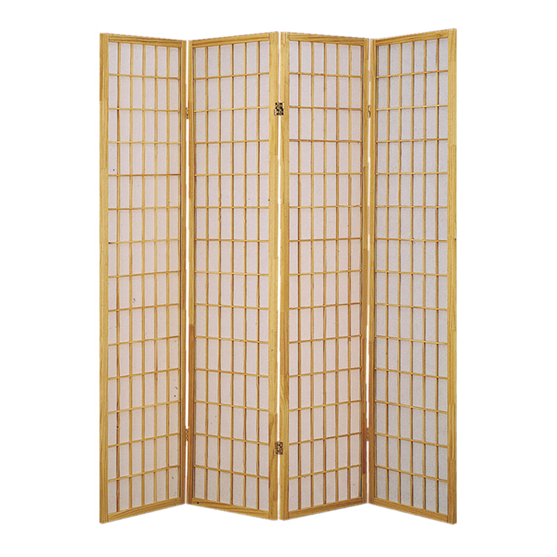 Wooden 4 Panel Room Divider with Shoji Paper Inserts, Brown and White-zoom-