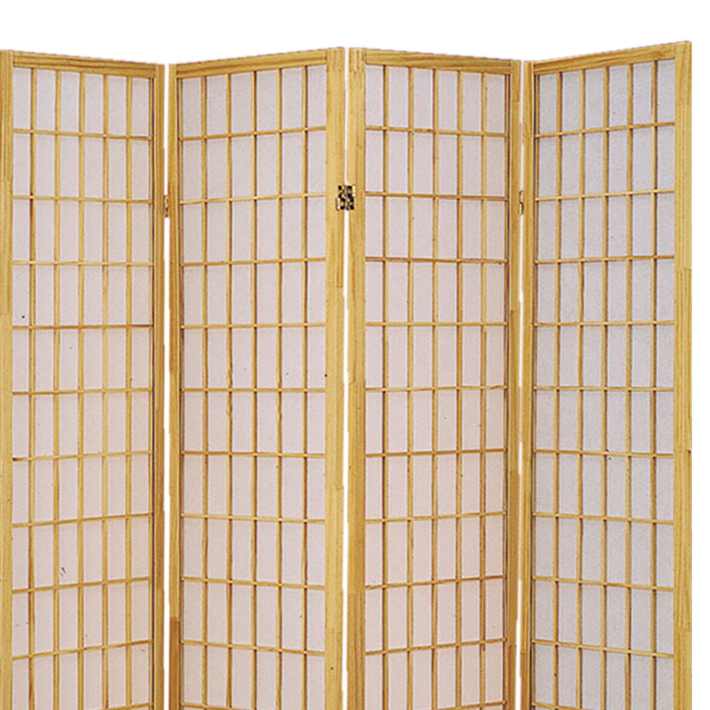 Wooden 4 Panel Room Divider with Shoji Paper Inserts, Brown and White