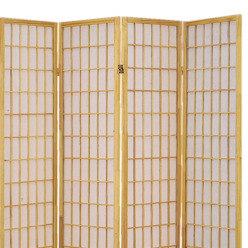 Wooden 4 Panel Room Divider with Shoji Paper Inserts, Brown and White-zoom-