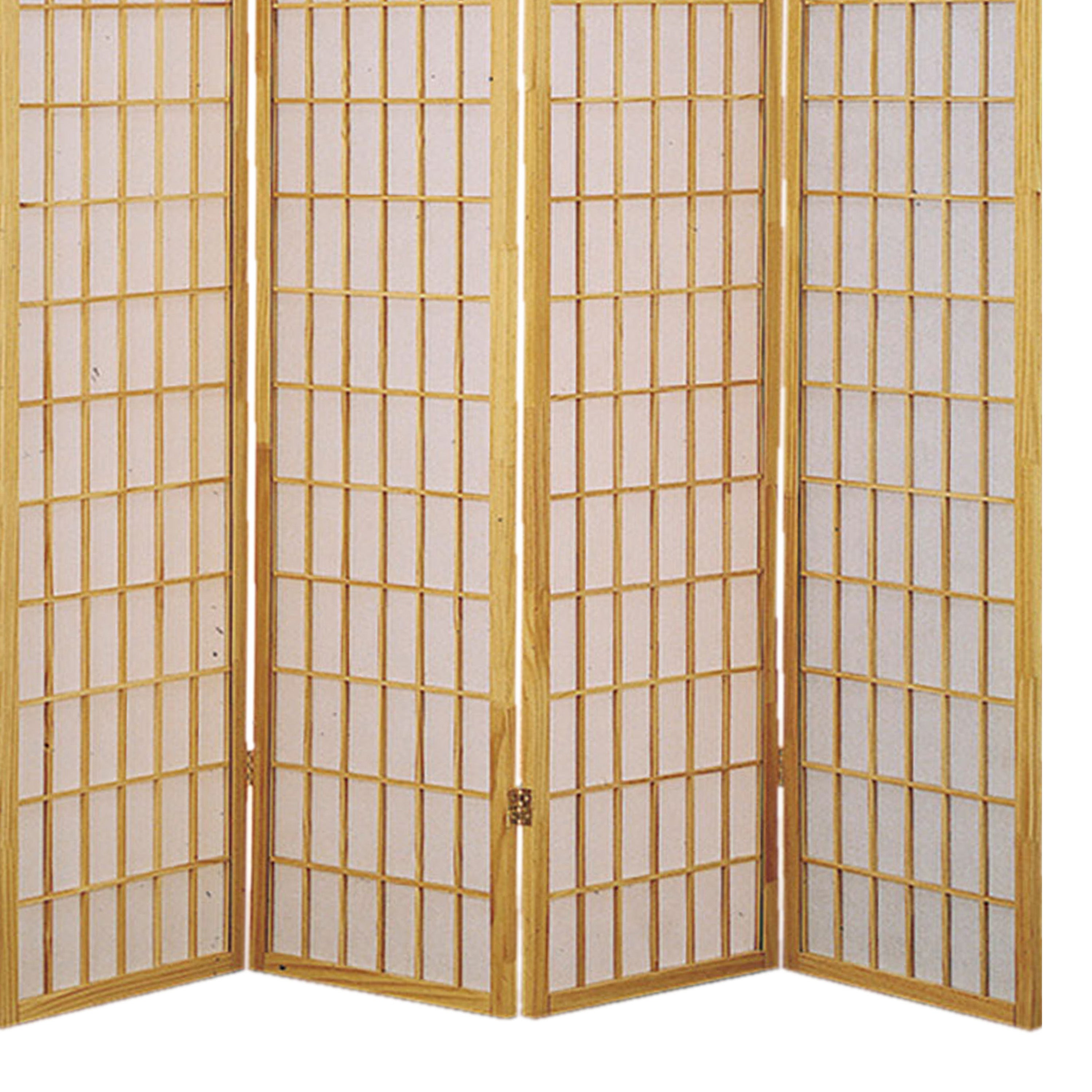 Wooden 4 Panel Room Divider with Shoji Paper Inserts, Brown and White-zoom-4