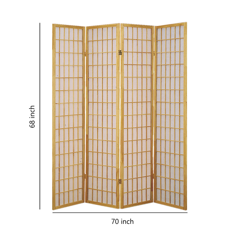 Wooden 4 Panel Room Divider with Shoji Paper Inserts, Brown and White-zoom-