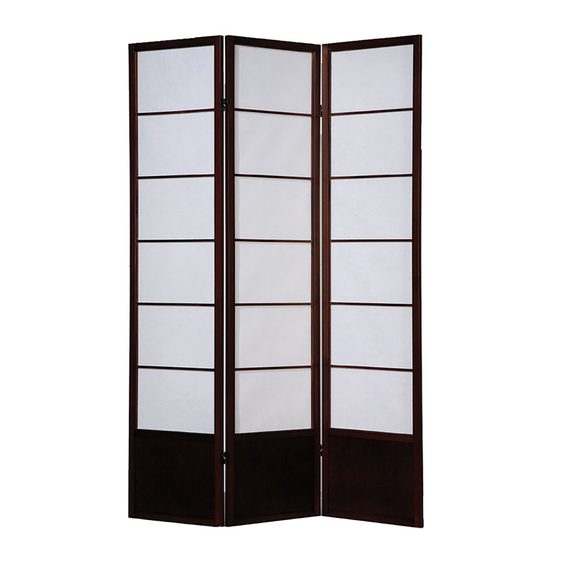 3 Panel Wooden Room Divider with Shoji Paper Inserts,White and Cherry Brown-zoom-