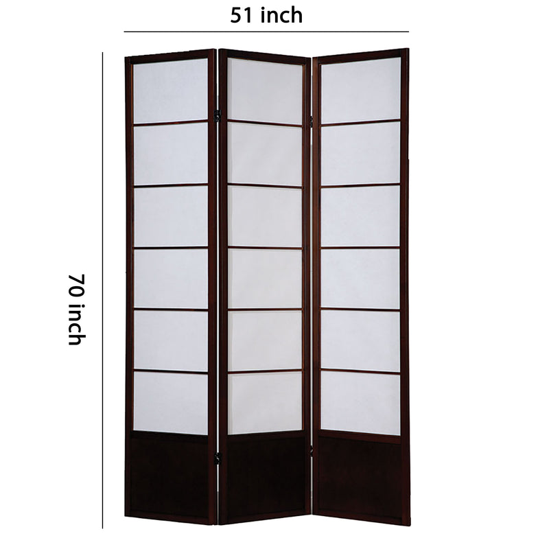 3 Panel Wooden Room Divider with Shoji Paper Inserts,White and Cherry Brown-zoom-
