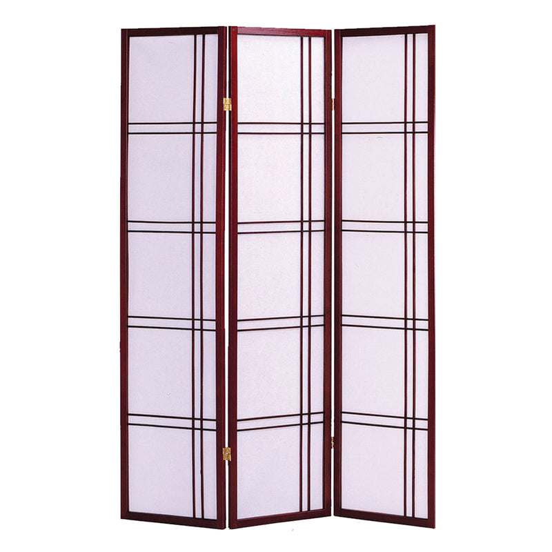 Wooden 3 Panel Room Divider with Checkered Shoji Inserts, White and Brown-zoom-