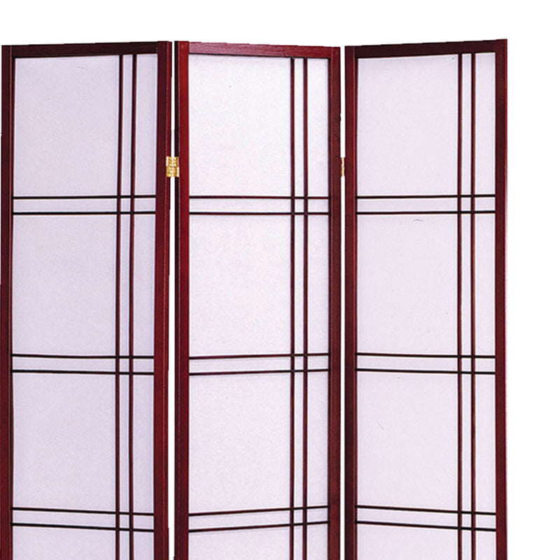 Wooden 3 Panel Room Divider with Checkered Shoji Inserts, White and Brown-zoom-