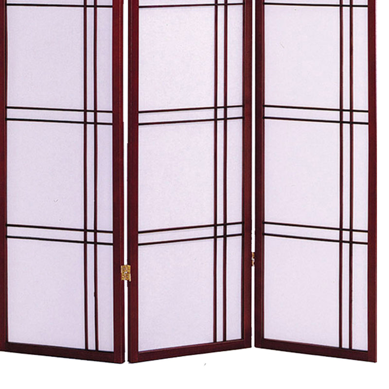 Wooden 3 Panel Room Divider with Checkered Shoji Inserts, White and Brown-zoom-