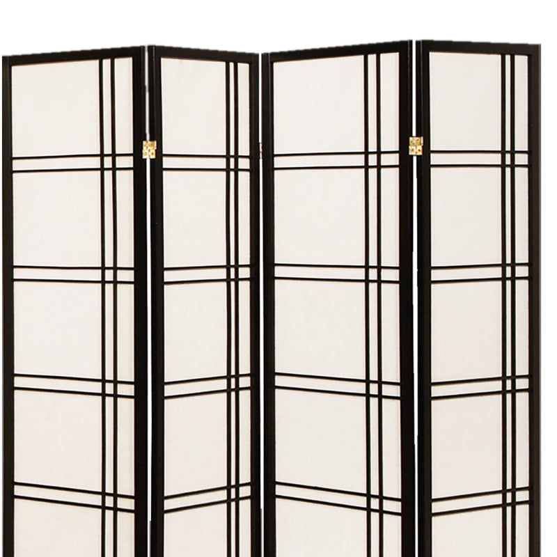 Wooden 4 Panel Room Divider with Checkered Shoji Inserts, White and Black-zoom-