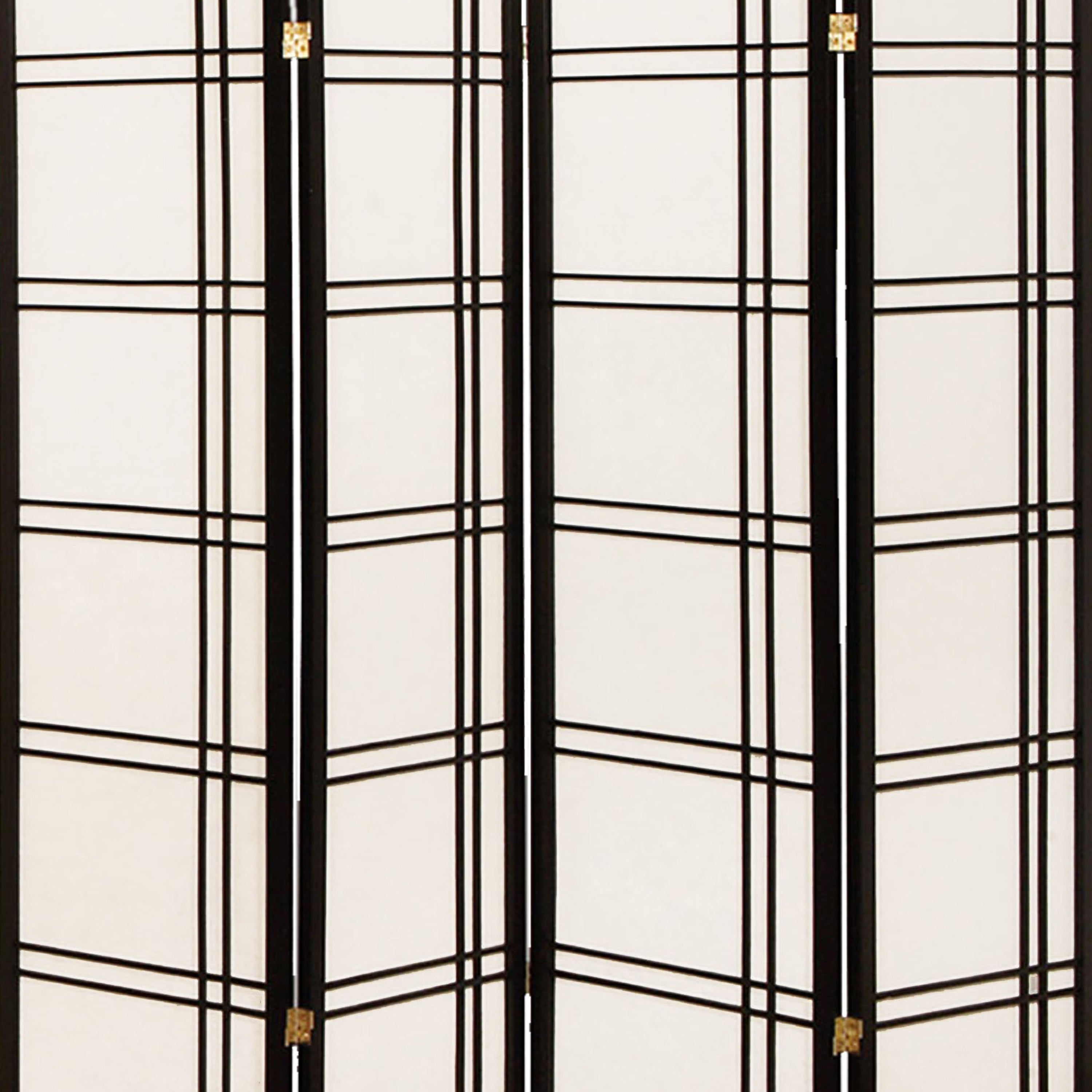Wooden 4 Panel Room Divider with Checkered Shoji Inserts, White and Black-zoom-3