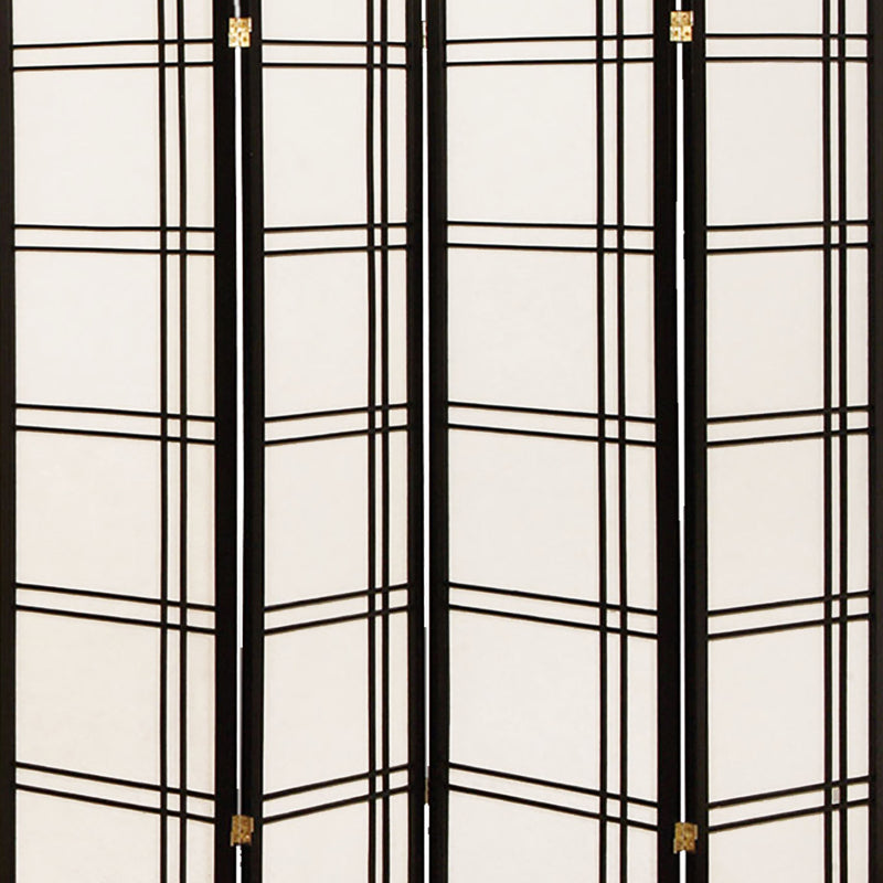 Wooden 4 Panel Room Divider with Checkered Shoji Inserts, White and Black-zoom-