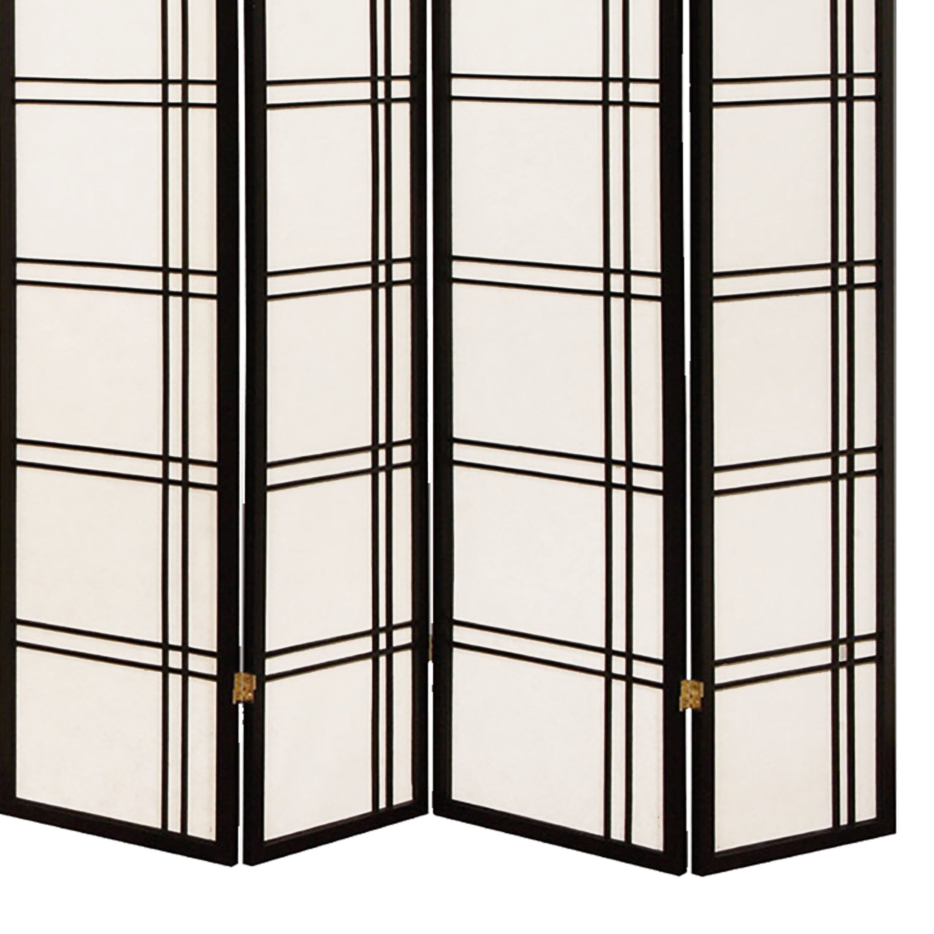 Wooden 4 Panel Room Divider with Checkered Shoji Inserts, White and Black-zoom-4