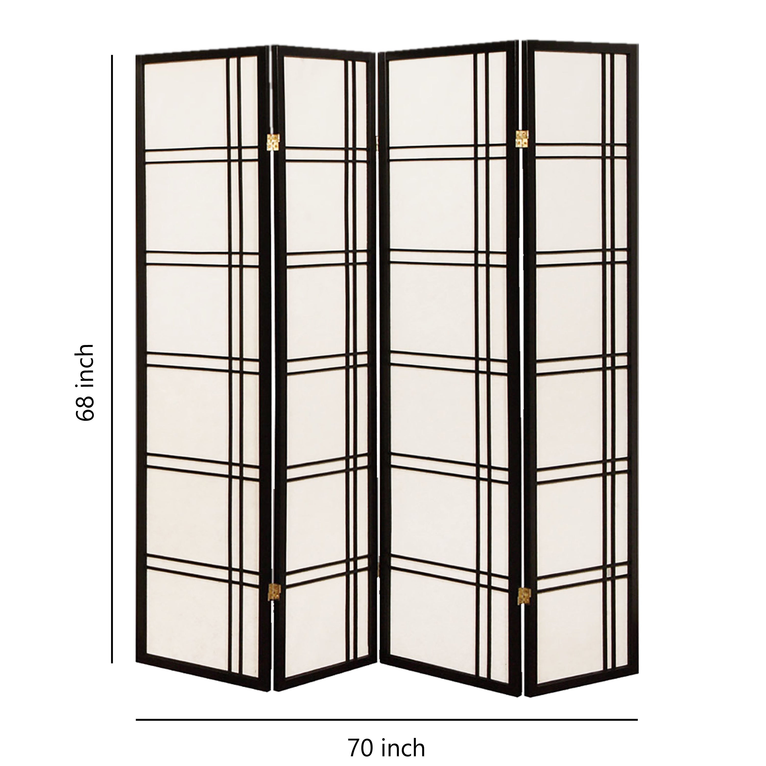 Wooden 4 Panel Room Divider with Checkered Shoji Inserts, White and Black-zoom-5