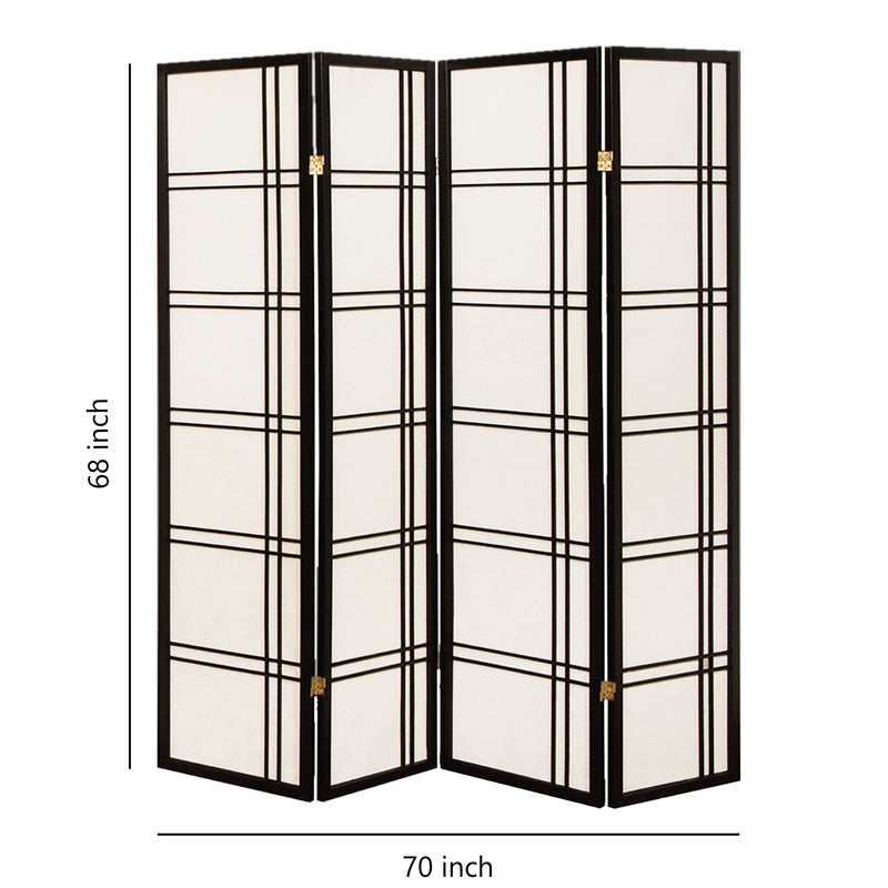 Wooden 4 Panel Room Divider with Checkered Shoji Inserts, White and Black-zoom-