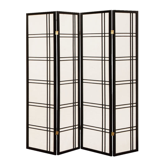 Wooden 4 Panel Room Divider with Checkered Shoji Inserts, White and Black
