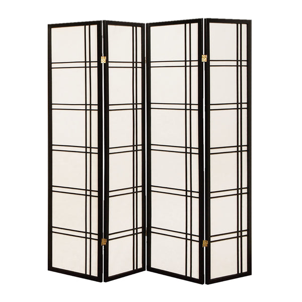 Wooden 4 Panel Room Divider with Checkered Shoji Inserts, White and Black