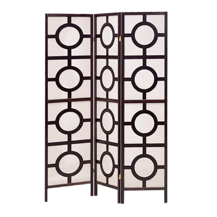 Circular Motif Wooden 3 Panel Room Divider with Jute Inlays, White and Brown-zoom-1