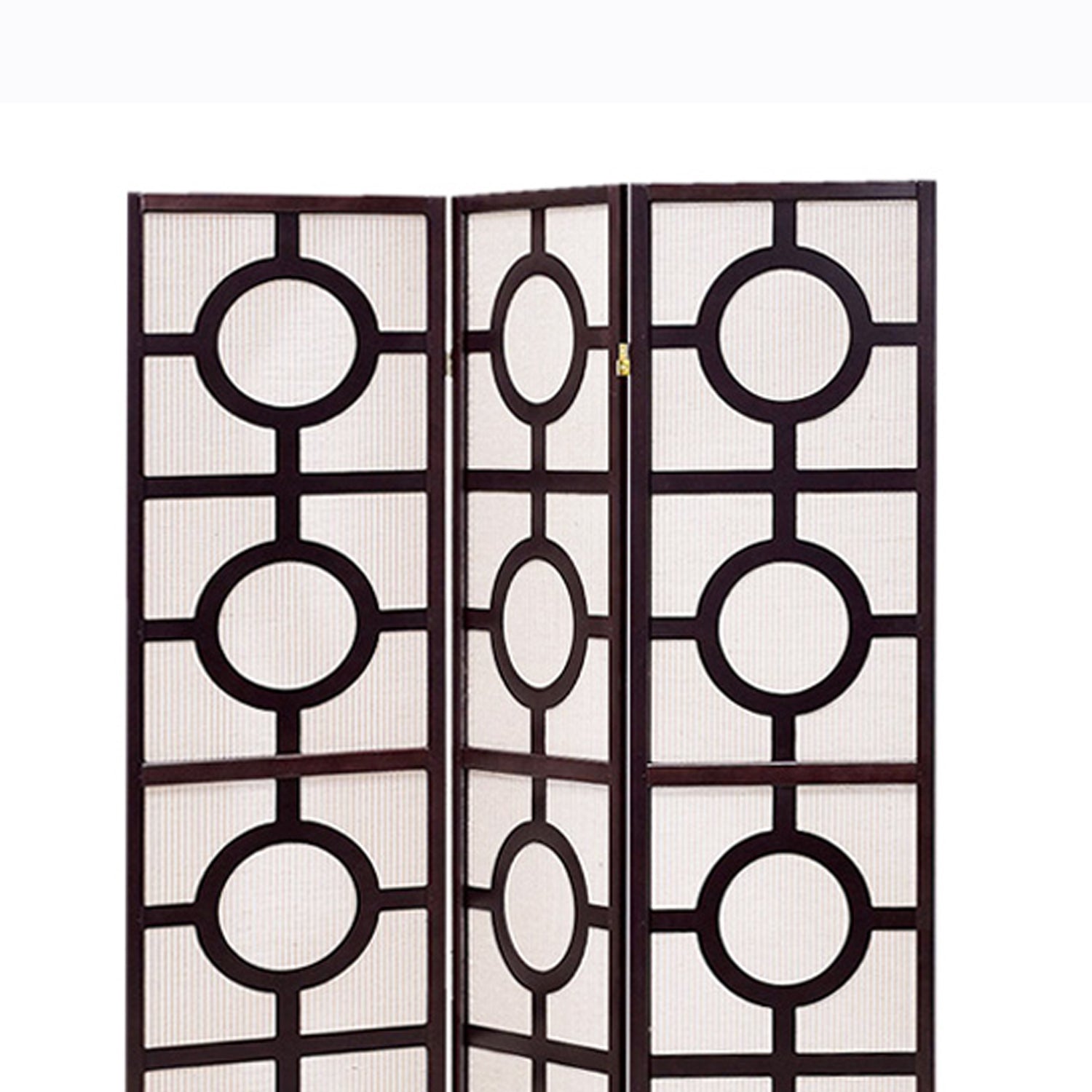 Circular Motif Wooden 3 Panel Room Divider with Jute Inlays, White and Brown-zoom-2