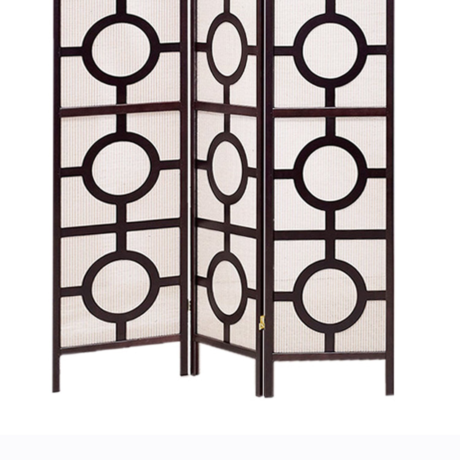 Circular Motif Wooden 3 Panel Room Divider with Jute Inlays, White and Brown-zoom-4