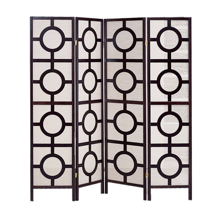 Circular Motif Wooden 4 Panel Room Divider with Jute Inlays, White and Brown-zoom-1