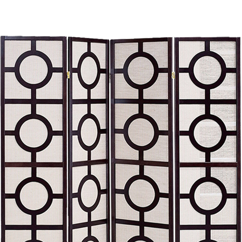 Circular Motif Wooden 4 Panel Room Divider with Jute Inlays, White and Brown-zoom-