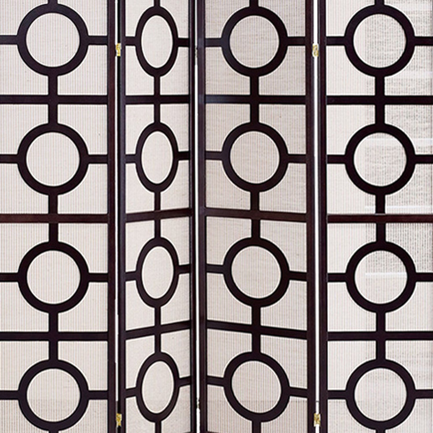 Circular Motif Wooden 4 Panel Room Divider with Jute Inlays, White and Brown-zoom-3