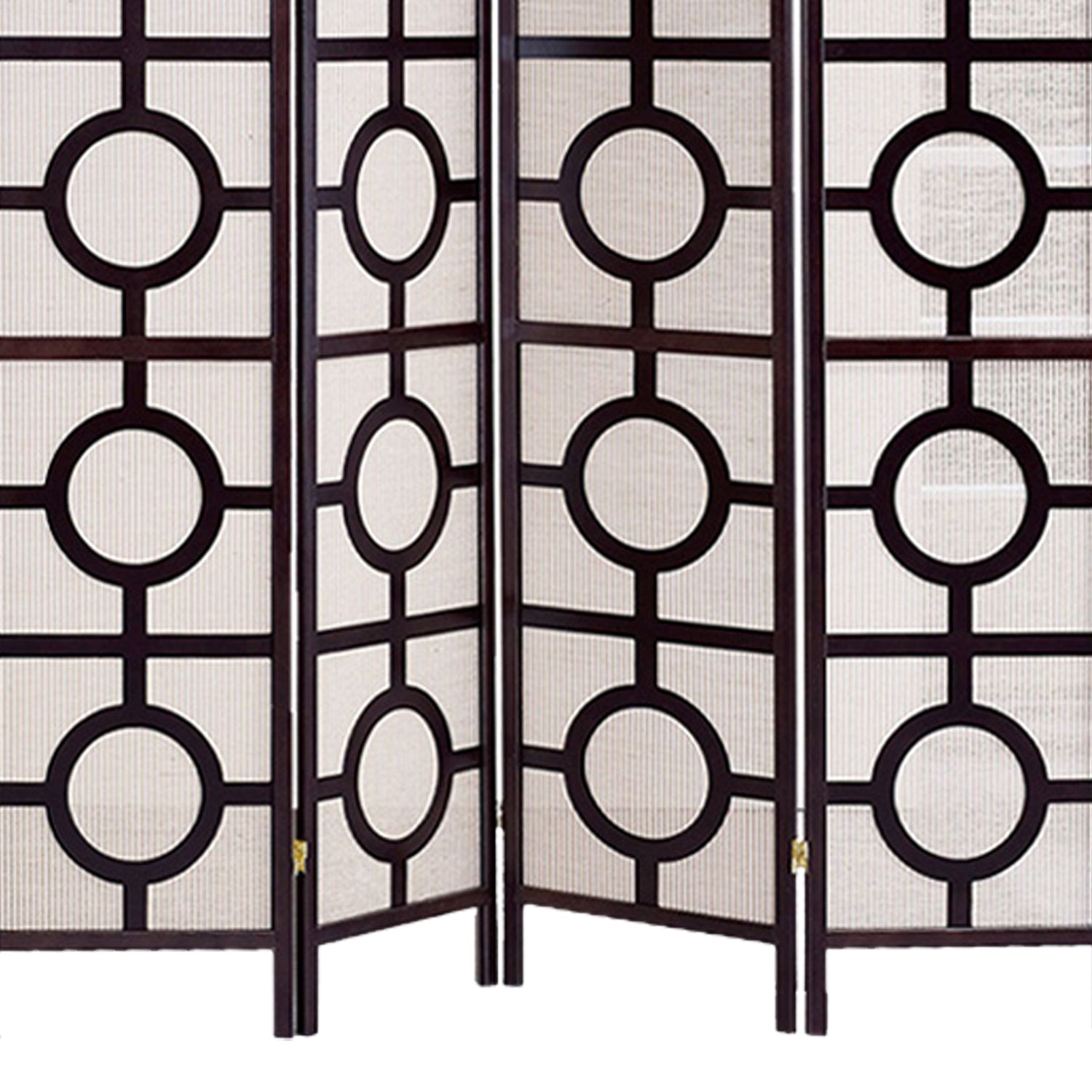 Circular Motif Wooden 4 Panel Room Divider with Jute Inlays, White and Brown-zoom-4