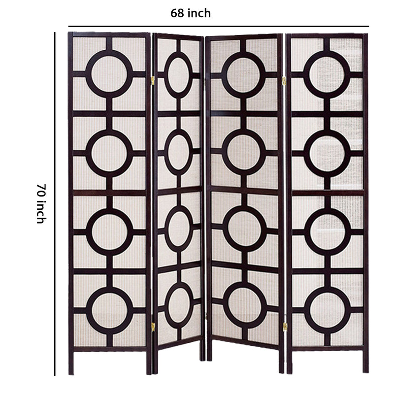 Circular Motif Wooden 4 Panel Room Divider with Jute Inlays, White and Brown-zoom-