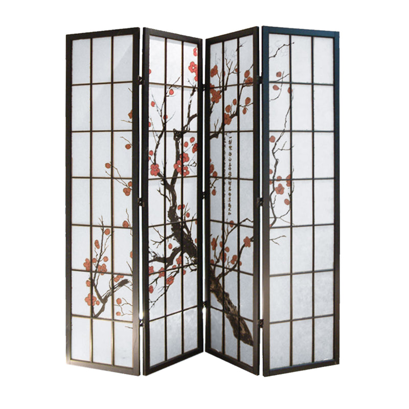 Tree and Flower Print 4 Panel Room Divider with Shoji Inserts, Red and Black-zoom-