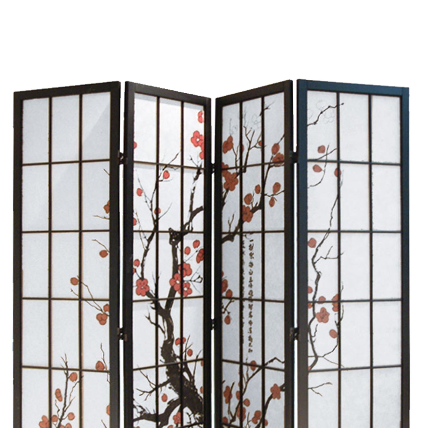 Tree and Flower Print 4 Panel Room Divider with Shoji Inserts, Red and Black