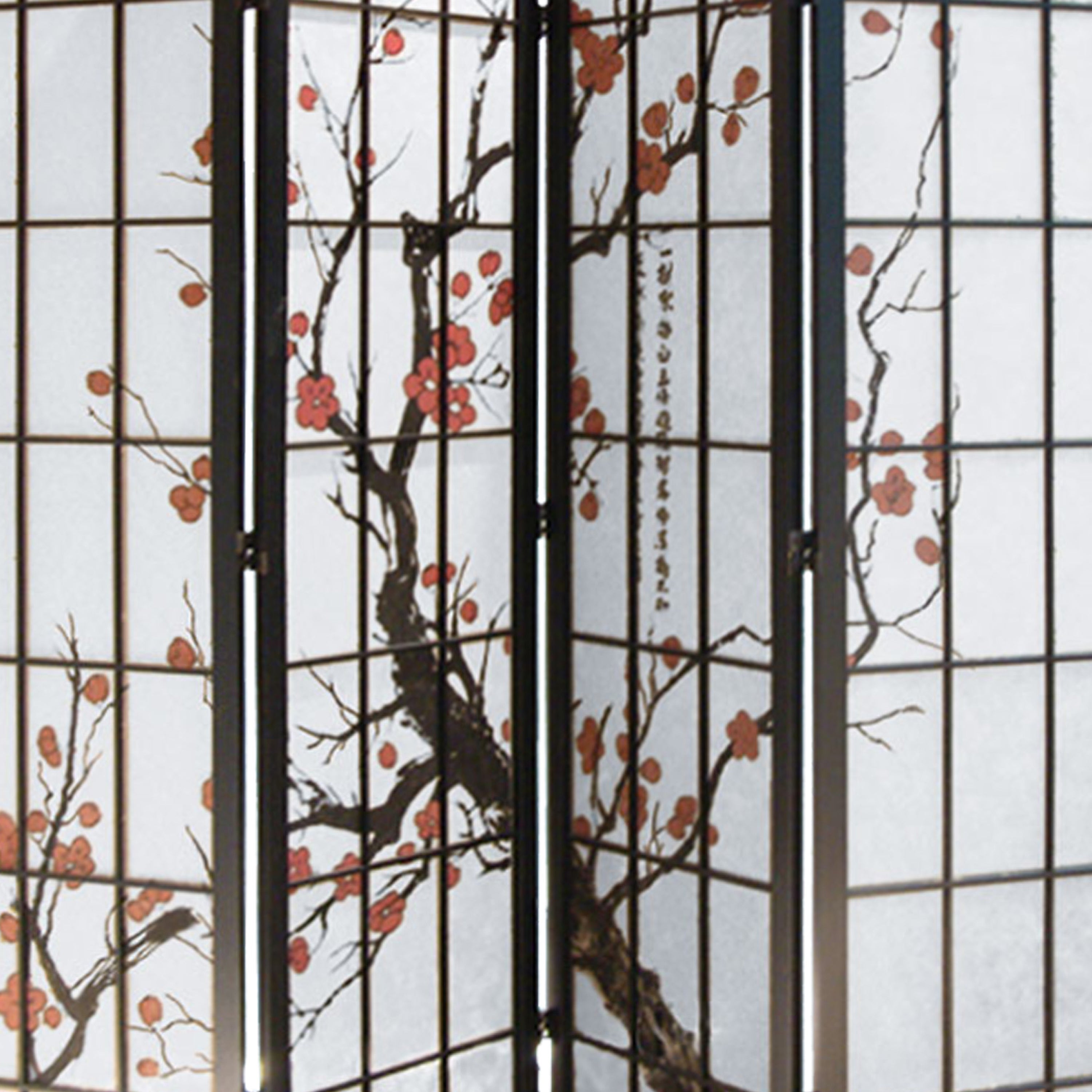 Tree and Flower Print 4 Panel Room Divider with Shoji Inserts, Red and Black-zoom-3