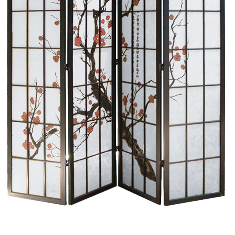 Tree and Flower Print 4 Panel Room Divider with Shoji Inserts, Red and Black-zoom-