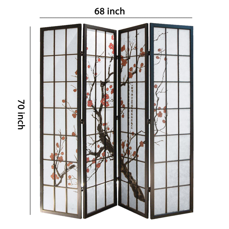 Tree and Flower Print 4 Panel Room Divider with Shoji Inserts, Red and Black-zoom-
