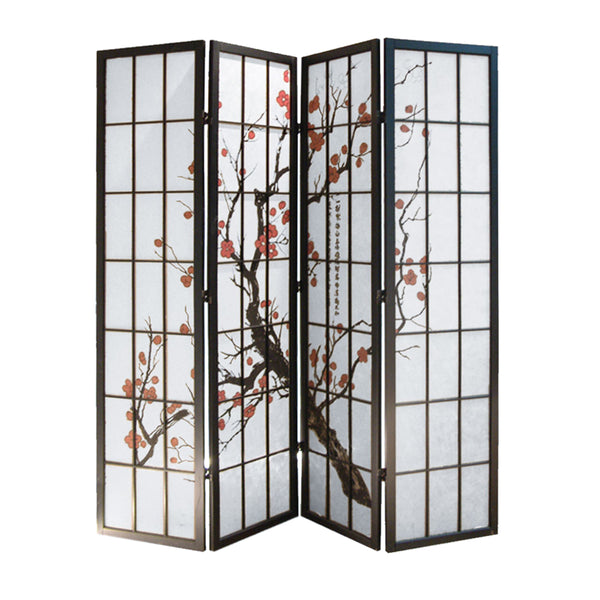Tree and Flower Print 4 Panel Room Divider with Shoji Inserts, Red and Black