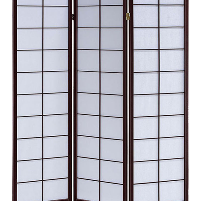 3 Panel Wooden Room Divider with Shoji Paper Inserts, White and Dark Brown-zoom-