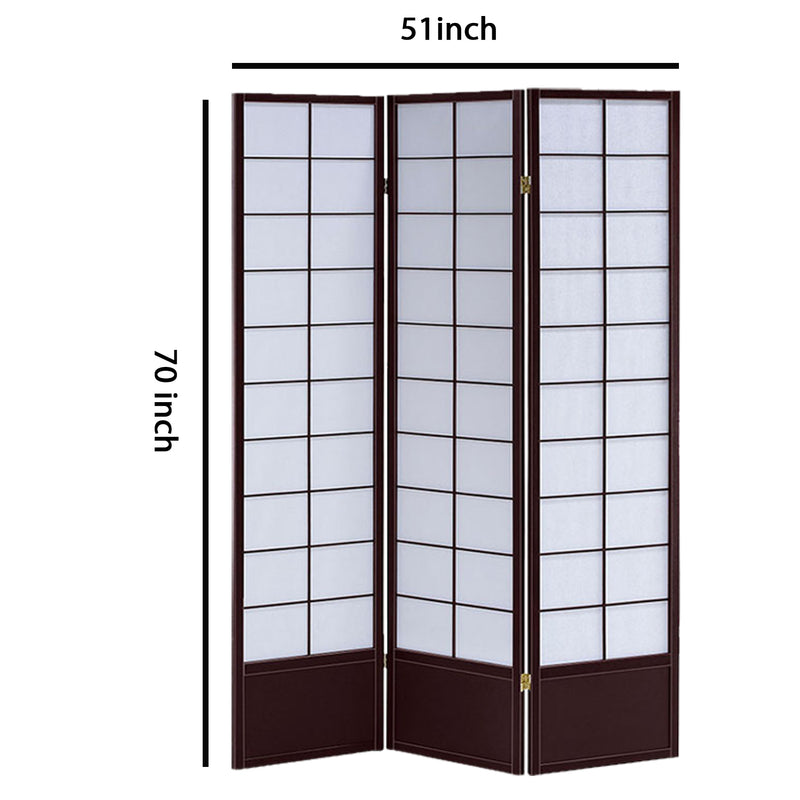 3 Panel Wooden Room Divider with Shoji Paper Inserts, White and Dark Brown-zoom-