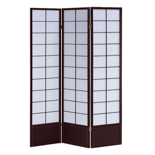 3 Panel Wooden Room Divider with Shoji Paper Inserts, White and Dark Brown