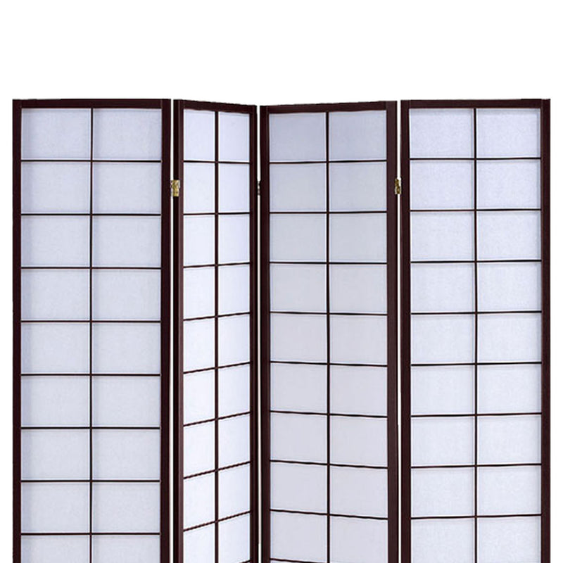 4 Panel Wooden Room Divider with Shoji Paper Inserts, White and Dark Brown-zoom-