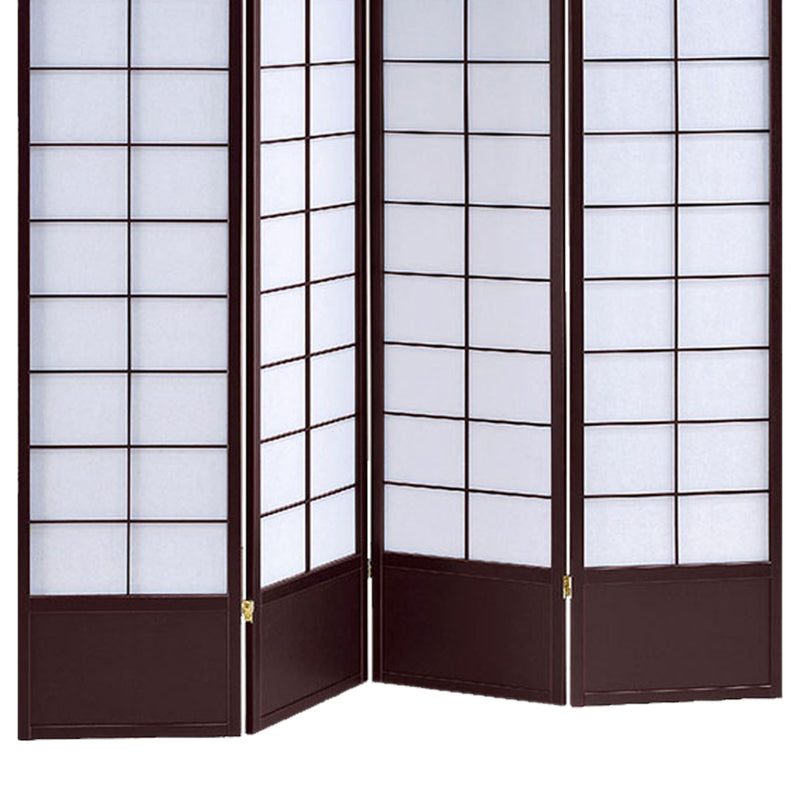 4 Panel Wooden Room Divider with Shoji Paper Inserts, White and Dark Brown-zoom-