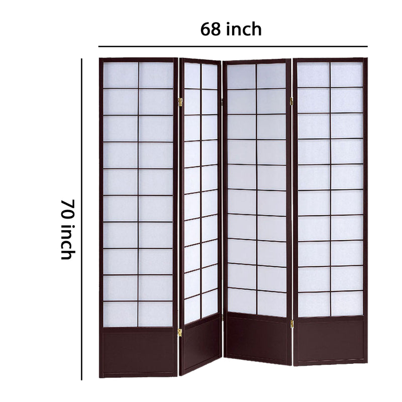 4 Panel Wooden Room Divider with Shoji Paper Inserts, White and Dark Brown-zoom-