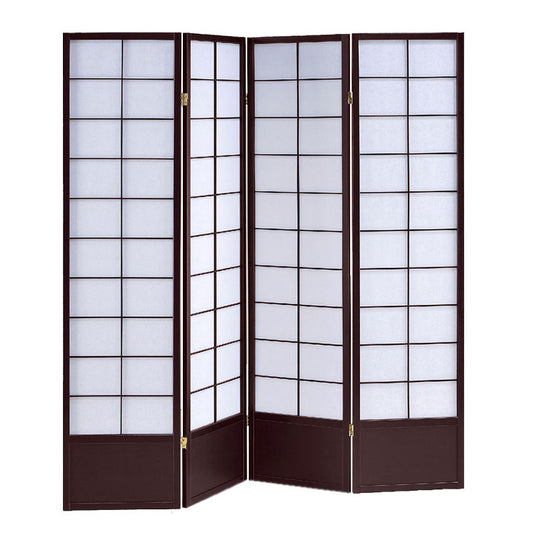 4 Panel Wooden Room Divider with Shoji Paper Inserts, White and Dark Brown