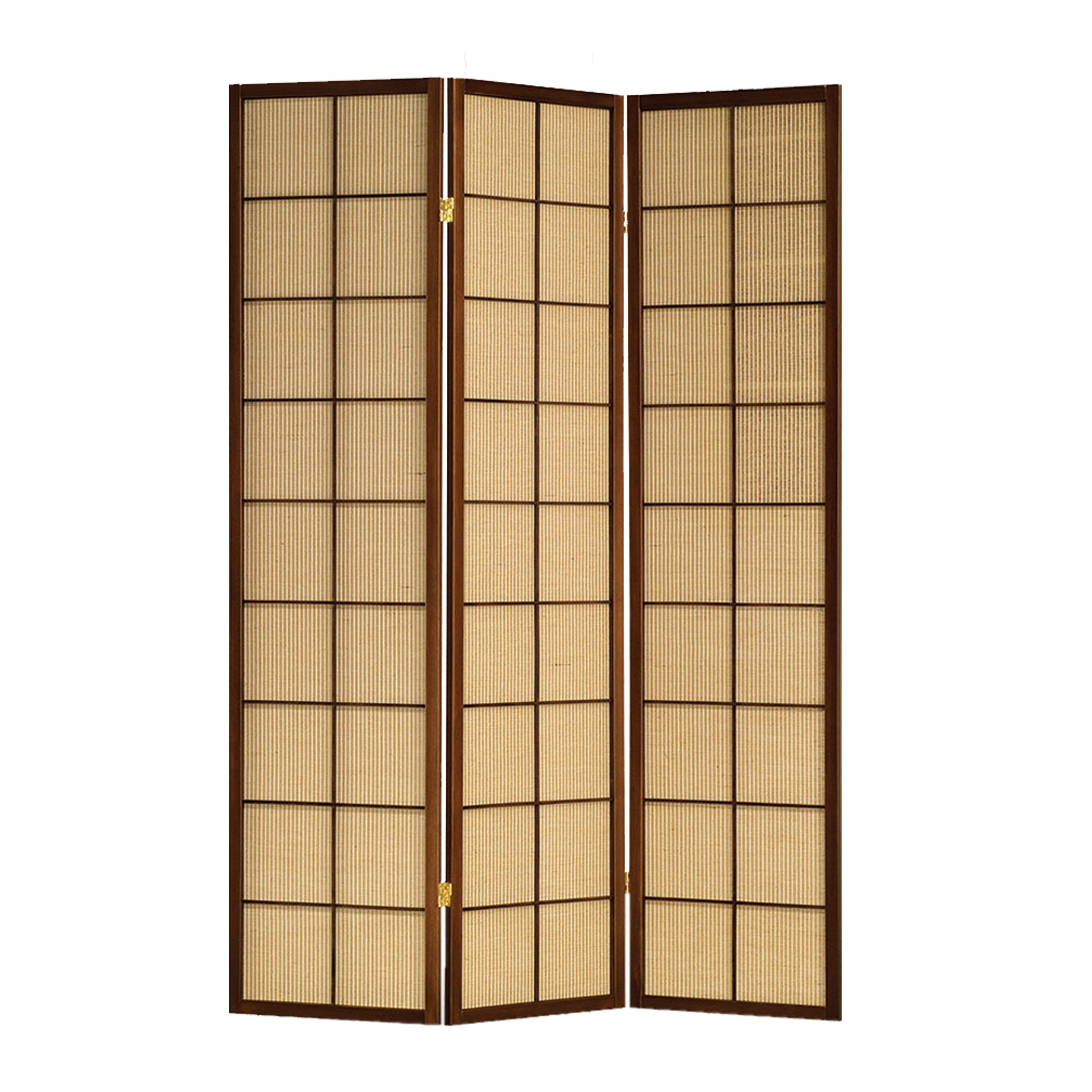 3 Panel Wooden Room Divider with Jute Inlays, Brown and Beige-zoom-1