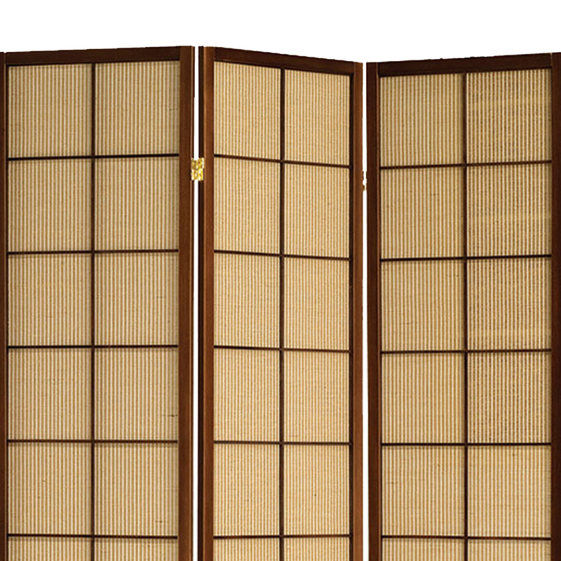 3 Panel Wooden Room Divider with Jute Inlays, Brown and Beige-zoom-