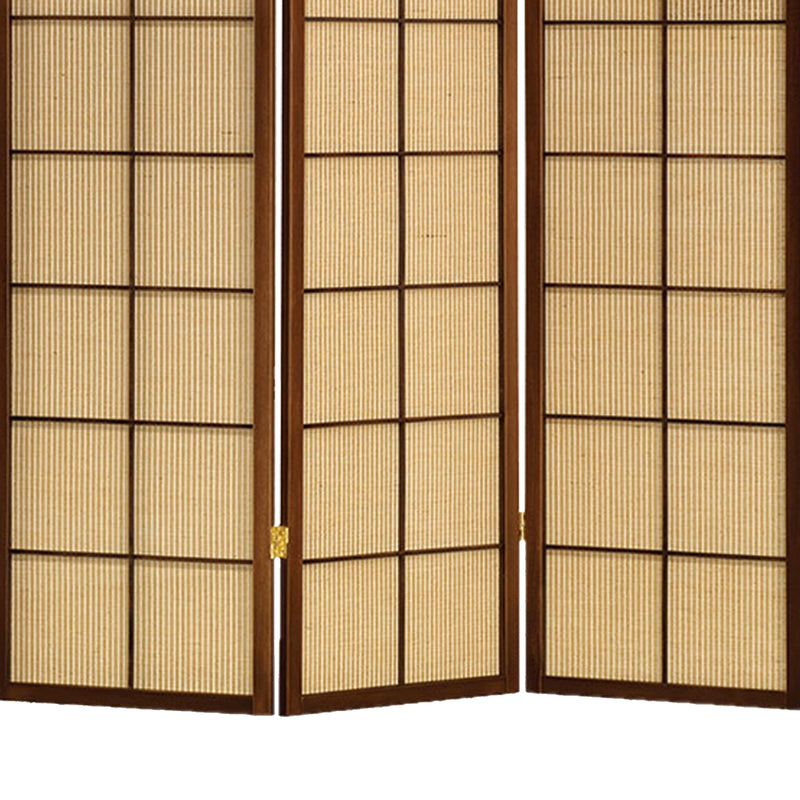 3 Panel Wooden Room Divider with Jute Inlays, Brown and Beige-zoom-