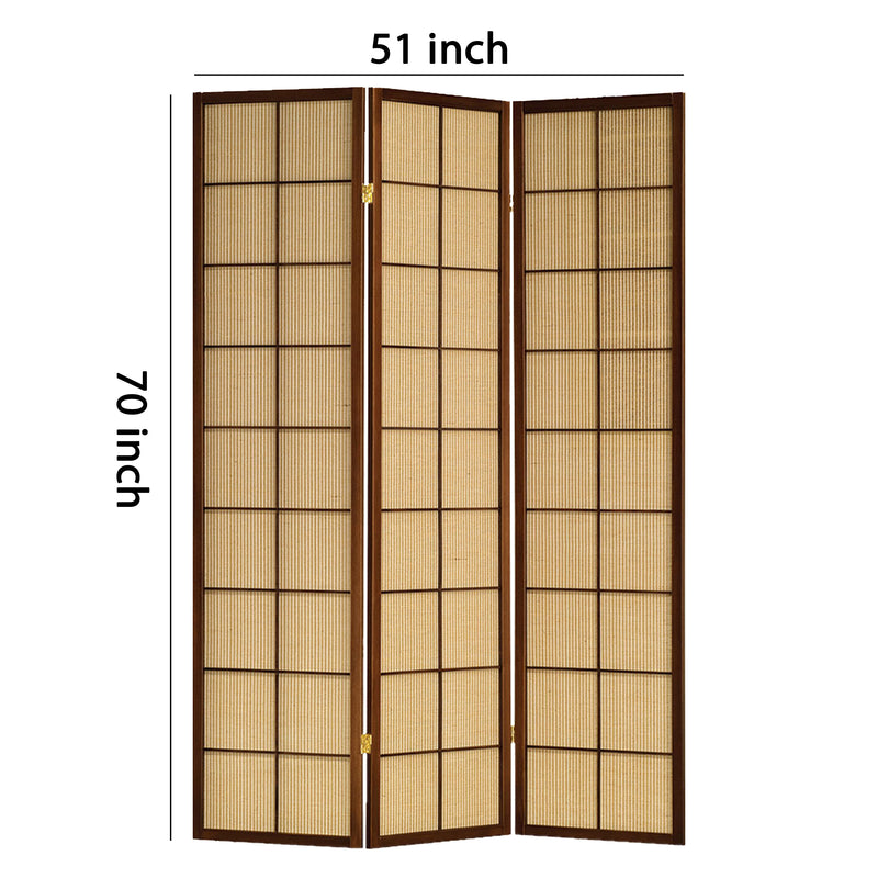 3 Panel Wooden Room Divider with Jute Inlays, Brown and Beige-zoom-