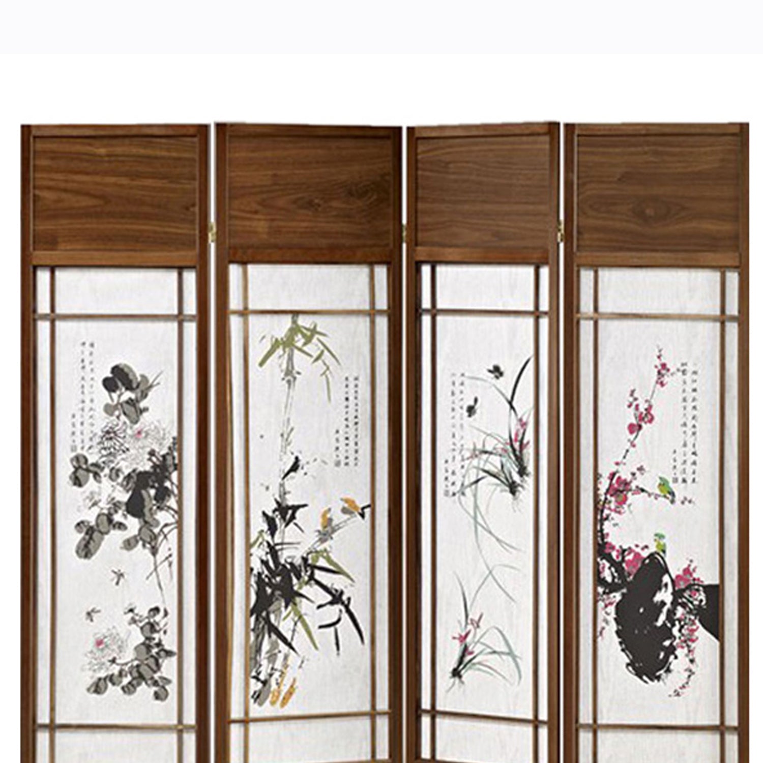 Asian Paintings 4 Panel Room Divider with Shoji Inserts, White and Brown-zoom-2