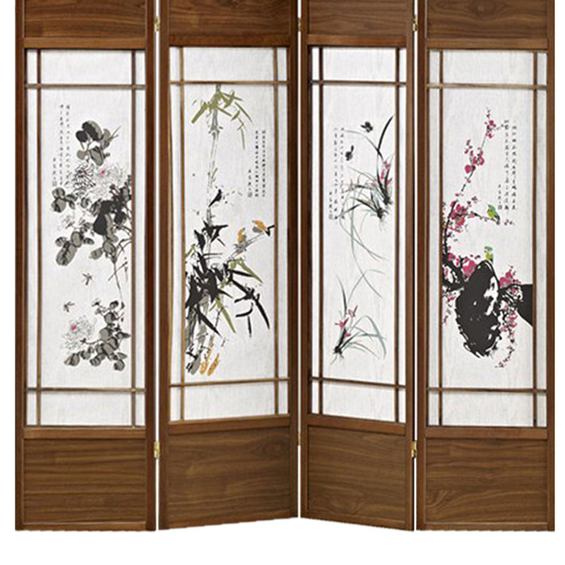Asian Paintings 4 Panel Room Divider with Shoji Inserts, White and Brown-zoom-