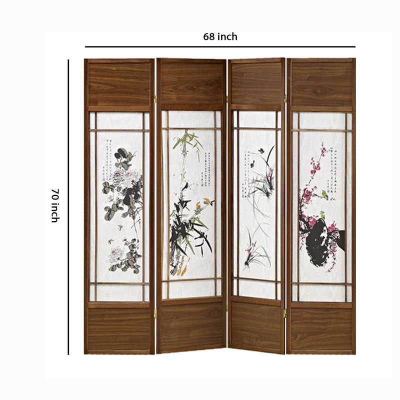 Asian Paintings 4 Panel Room Divider with Shoji Inserts, White and Brown-zoom-
