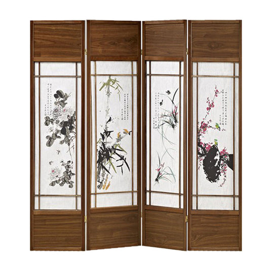 Asian Paintings 4 Panel Room Divider with Shoji Inserts, White and Brown