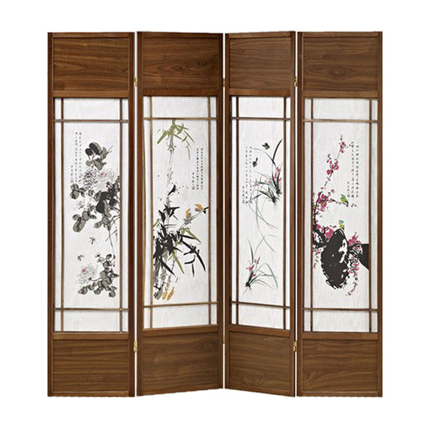 Asian Paintings 4 Panel Room Divider with Shoji Inserts, White and Brown