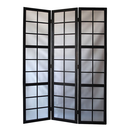 3 Panel Room Divider with Frosted Glass Like Plastic Inserts, Black and White